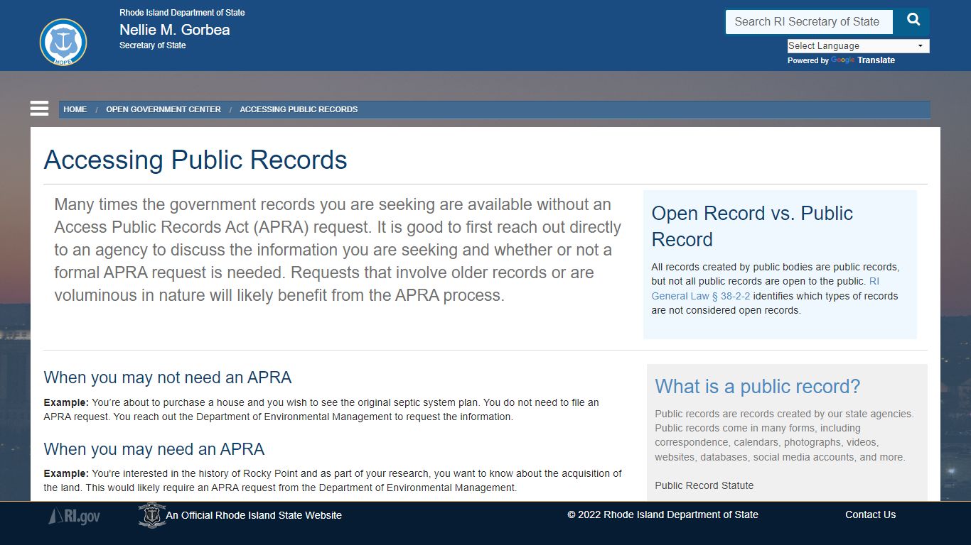 Accessing Public Records - Rhode Island - Nellie M. Gorbea