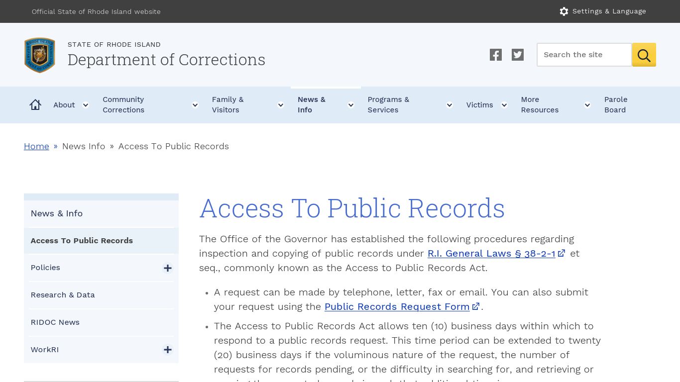 Access To Public Records | Department of Corrections